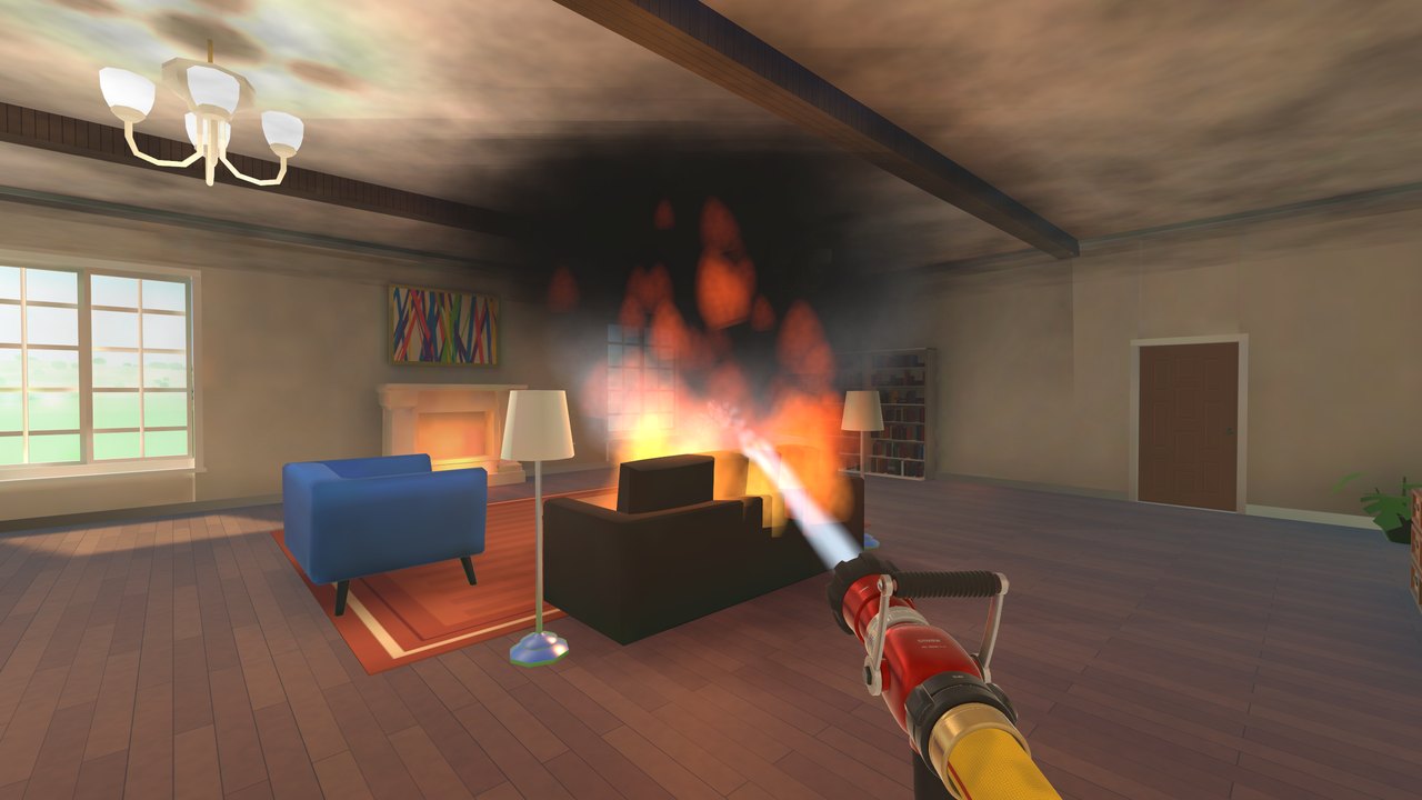 Spraying the great room sofa fire in the mansion