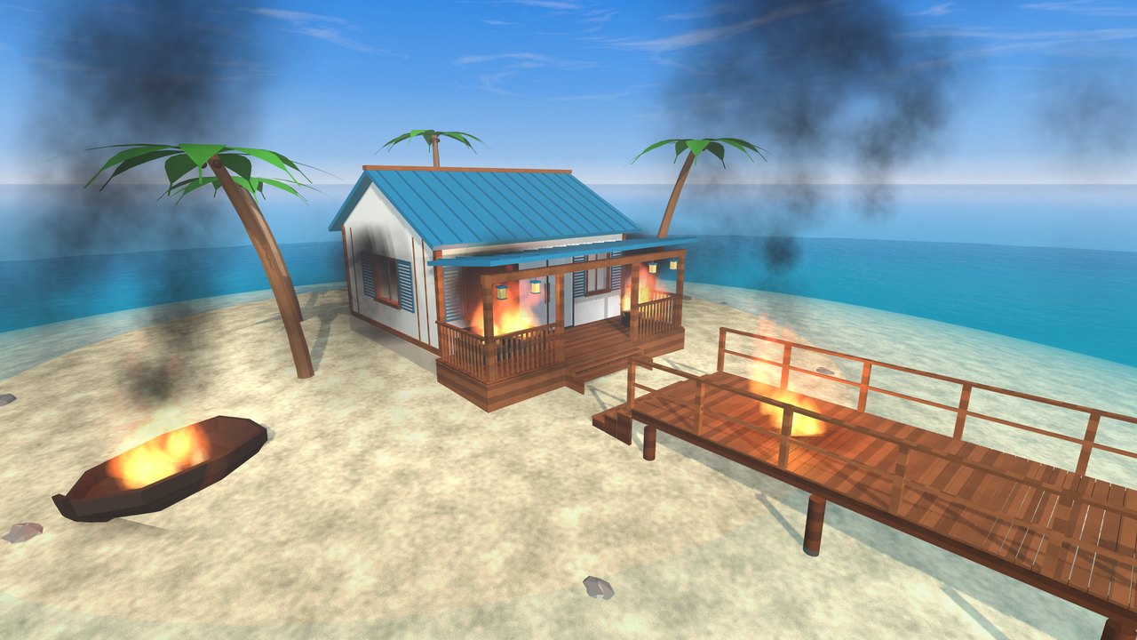 The beach cottage and pier on fire