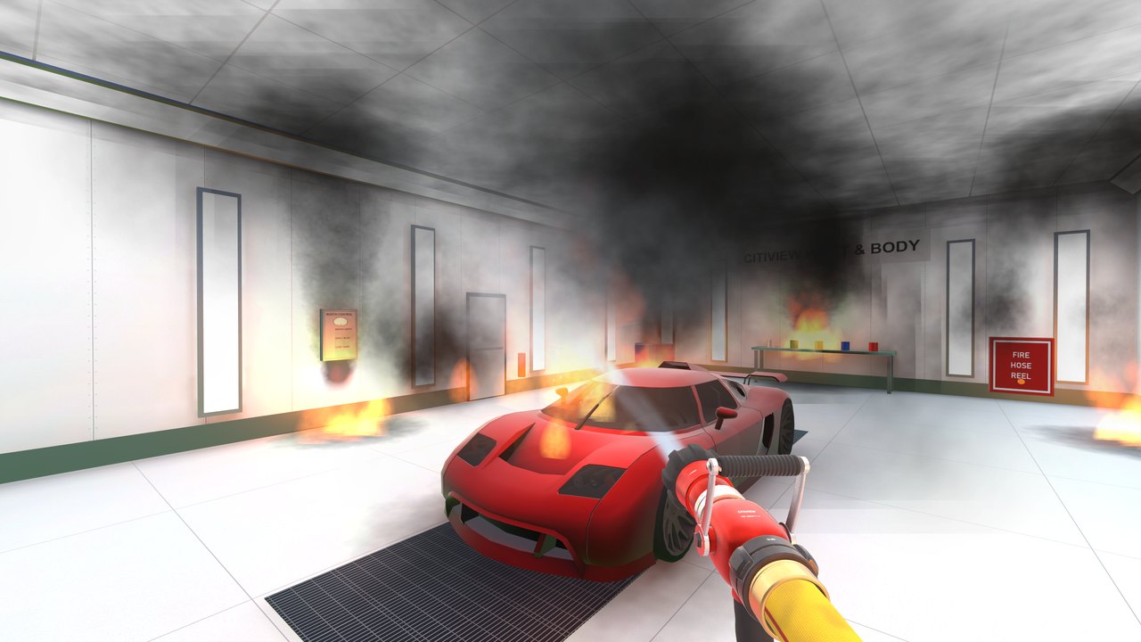 The sports car burning in the paint booth